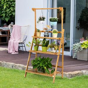 Costway 3-Tier Folding Bamboo Plant Stand with Hanging Basket Bar