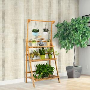 Costway 3-Tier Folding Bamboo Plant Stand with Hanging Basket Bar