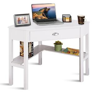 Costway Corner Table / Computer Desk with Drawer and Shelves-White