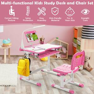 Costway Height Adjustable Kid's Tilted Desk Set with Lamp & Drawer-Pink