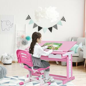 Costway Children's Height Adjustable Tilting Drawing Table with Storage-Pink