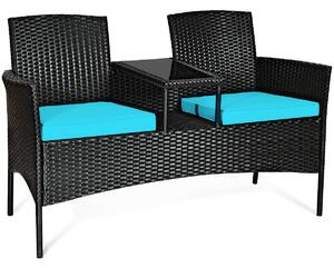 Costway Rattan Turquoise Cushioned Loveseat with Glass Table