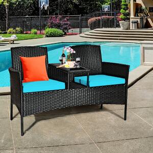 Costway Rattan Turquoise Cushioned Loveseat with Glass Table