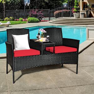 Costway Rattan Red Cushioned Loveseat with Glass Table