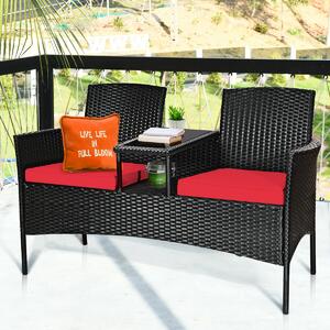 Costway Rattan Red Cushioned Loveseat with Glass Table