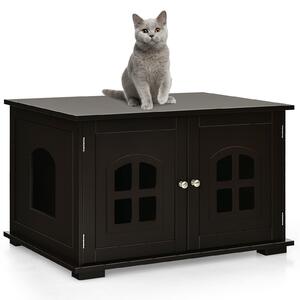 Costway Wooden Cat Litter Box House with Double Doors and Windows