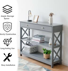 Costway 3-Tier Console Table with 1 Drawer and 2 Storage Shelves-Grey