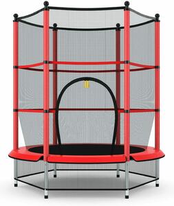 Costway Children's Trampoline with Safety Net Enclosure and Plastic Foot Pads-Red