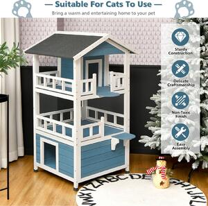 Costway 3 Storey Wooden Cat House with Enclosure and Sloping Asphalt Roof