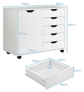Costway Mobile Storage Unit with 5 Drawers and a Cupboard for Home/Office-White