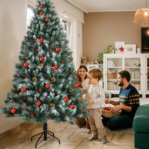 Costway 180cm Snow Flocked Christmas Tree with Pine Cone and Red Berry