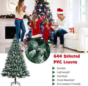 Costway 180cm Snow Flocked Christmas Tree with Pine Cone and Red Berry