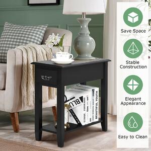 Costway 2-Tier Bedside Table with Drawer and Storage Shelf-Black