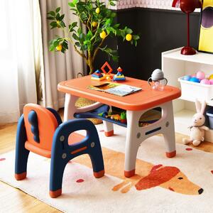 Costway Kids Table and Chair Set with Building Blocks and Storage Rack-Orange
