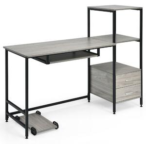 Costway Computer Desk with Storage Bookshelf and Movable CPU Stand-Grey