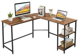 Costway L-Shaped Corner Computer Desk with 2-Tier Storage Shelf-Coffee