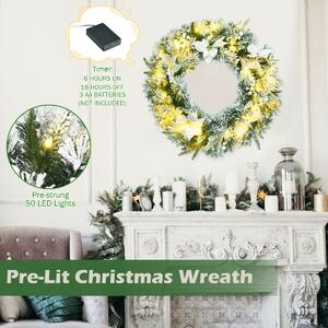 Costway 60cm Pre-Lit Christmas Wreath with 50 LED Lights and Built-in Timer