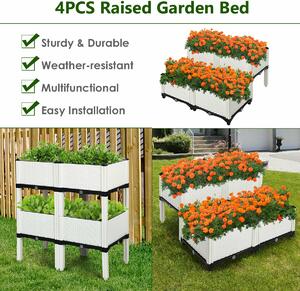 Costway Set of 4 Raised Garden Bed with Self-Watering Disks for Planting-White