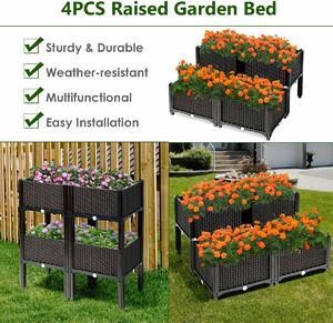 Costway Set of 4 Raised Garden Bed with Self-Watering Disks for Planting-Brown
