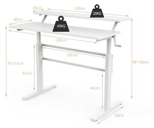 Costway 2-Tier Height Adjustable Standing Desk with Crank Handle-White