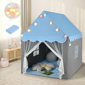 Costway Large Kids Play House with Washable Mat and Star Lights-Blue