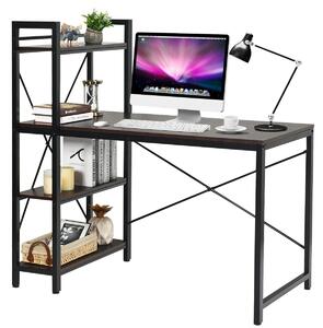 Costway Wooden Computer Desk Writing Table with 4-Tier Reversible Bookshelf-Deep Brown
