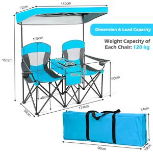 Costway Double Folding Camping Chair with Canopy and Armrests-Blue