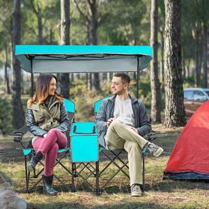 Costway Double Folding Camping Chair with Canopy and Armrests-Turquoise