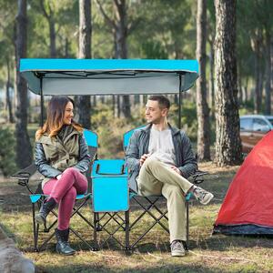 Costway Double Folding Camping Chair with Canopy and Armrests-Blue