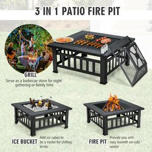 Costway 3 in 1 Round Fire Pit Set Outdoor Fireplace for BBQ Camping