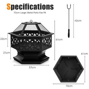 Costway Hexagon Charcoal Metal Fire Pit with Fire Poker for Patio-Black