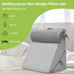 Costway Bed Wedge Pillow with Headrest and Washable Cover for Reading-Grey