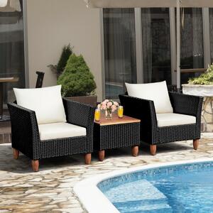 Costway 3 Piece Rattan Furniture Set with Cushioned Sofas and Acacia Table-Black & White