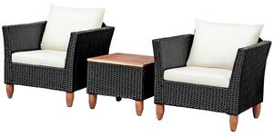 Costway 3 Piece Rattan Furniture Set with Cushioned Sofas and Acacia Table-Black & White
