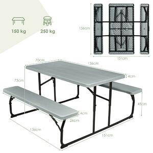 Costway Foldable Picnic Table Bench Set with Anti-slip Pads-Grey