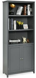 Costway Wooden Tall Bookcase with 3-Tier Storage Cabinet-Grey