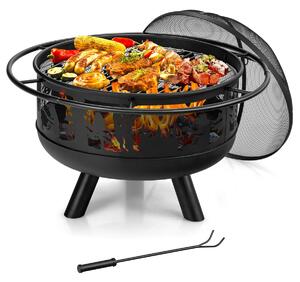 Costway 77CM Large Fire Pit Bowl with Cooking Grill and Spark Screen Cover