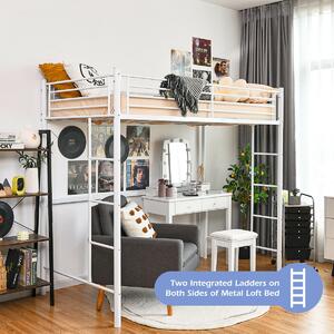 Costway Twin Metal Loft Bed Frame with Safety Guardrail for Kids and Adults-White