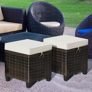 Costway Set of 2 Outdoor Rattan Ottoman Chair Seat with Padded Cushions-Khaki