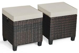 Costway Set of 2 Outdoor Rattan Ottoman Chair Seat with Padded Cushions-Khaki
