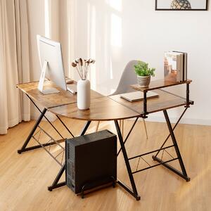 Costway L-Shaped Corner Computer Desk with Monitor Stand and Host Tray-Brown