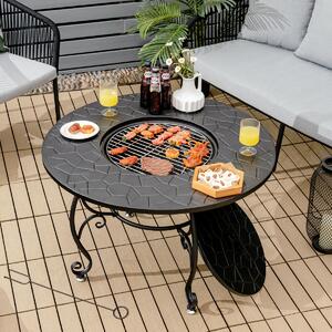 Costway Round Wood Burning Fire Bowl with Cooking Grill and Mesh Cover