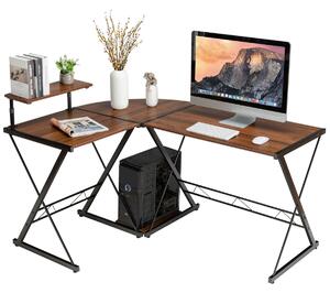 Costway L-Shaped Corner Computer Desk with Monitor Stand and Host Tray-Walnut