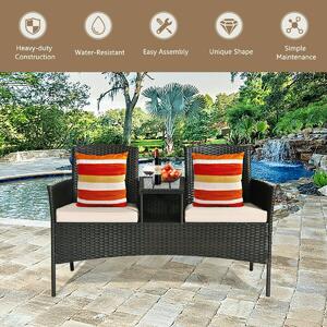 Costway 2-Seater Rattan Chair with Coffee Table and Removable Cushion-Khaki