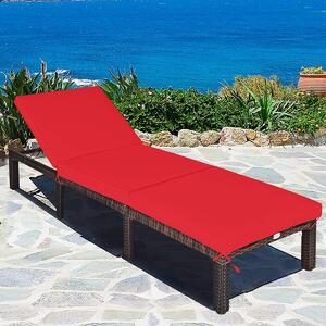 Costway Rattan Sun Lounger with Adjustable Backrest and Removable Cushion-Red