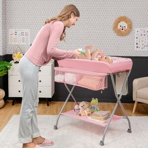 Costway Rolling Baby Changing Table with Large Storage Basket-Pink