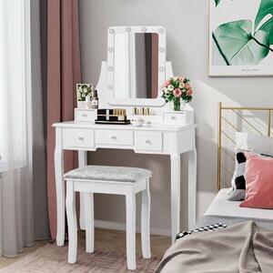 Costway Vanity Mirrored Dressing Table/ Makeup Desk with 5 Drawer and Stool-White