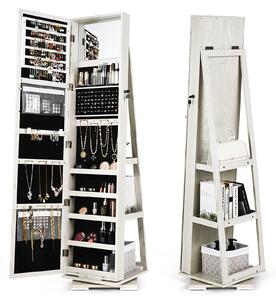 Full Length Mirrored Jewellery Cabinet Rotates 360° with Open Display Shelves-White
