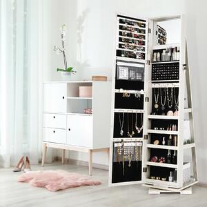 Costway Full Length Mirrored Jewellery Cabinet Rotates 360° with Open Display Shelves-White