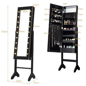 Costway Standing Jewellery Organiser Cabinet with Adjustable Mirror 18 LEDs-Black